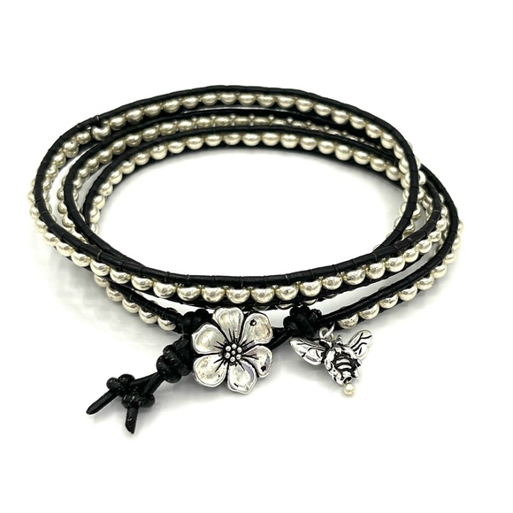 Hand Crafted Jewelry - #7- Hand Crafted Silver and Black Leather Wrap Bracelet with Bee